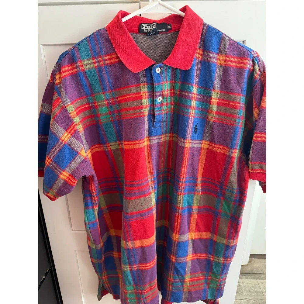 Vintage Polo Ralph Lauren Mens XL Plaid Polo Shirt Made in USA Classic Fit Red